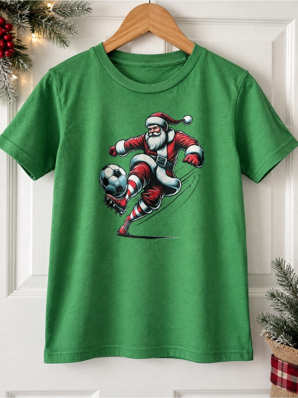 Green Kids Soccer Santa Graphic Tee, youth large